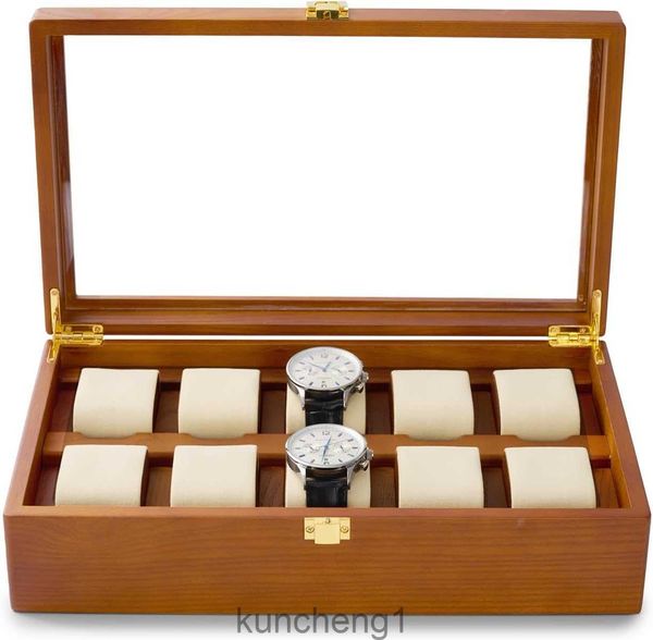 Watch Box Wooden Watch Case 10-Slot-Uhren-Box-Organizer mit Acryllid 10 Grids Uhren-Display-Hülle mit abnehmbaren Kissen (Beige)