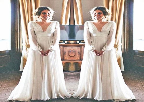 Griechische Göttin -Hochzeitskleid Langarm Tief gegen Nacken fließend Chiffon bodenlange anmutige Brautkleider Vestidos de noiva cus4564816