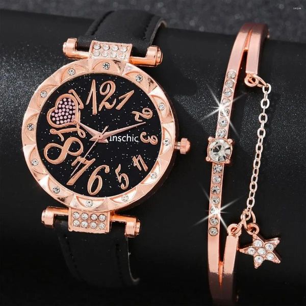 Armbanduhren 2pcs Ladies Fashion Casual einfaches Star Network Red Love Leder Quartz Uhr Pentagramm Strassstein Luxusarmband Geschenkset Set