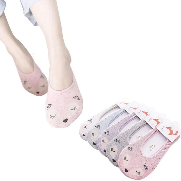 5 Paar Frühlings Sommer Fuchs Cartoon Frauen unsichtbare Slipper -Socken Silikon Nonslip weibliche Mädchen Baumwolle Sox 240408