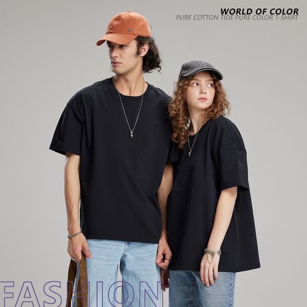 Japanische schwere Straße Lose Schulter T-Shirt Pure Cotton Herren Feste Farbe kurzärärer grau blau großer Männer T-Shirt 888