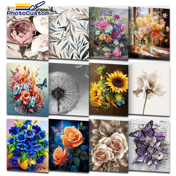 Pocustom Flower Coloring by Numbers Painting Conjunto de tintas acrílicas 4050 Imagens de tela Pinturas decorativas Diy Crafts for Han 240407