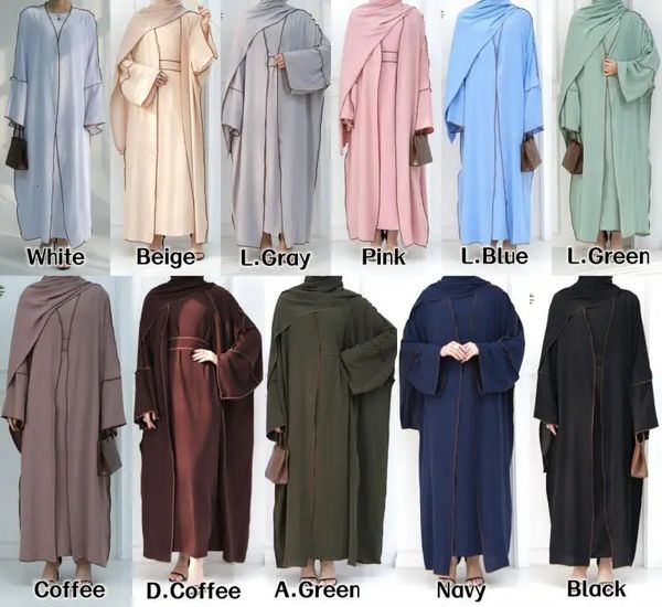 Mulheres Muslim Cardigan Abaya Oriente Médio Dubai Dubai Rúscula Cardigan Plain Color Dress Vester Casual Burqas 3 Peças Conjunto 240325