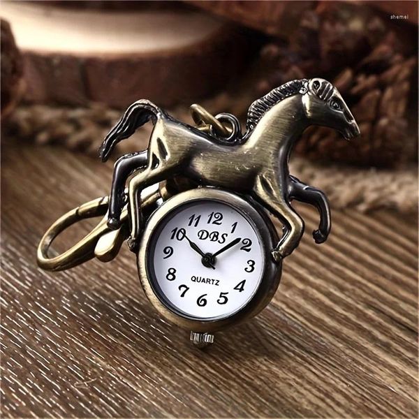 Pocket Watches Retro Bronze Pony Keychain Watch for Boys and Girls School Bag Gift Creative Quartz