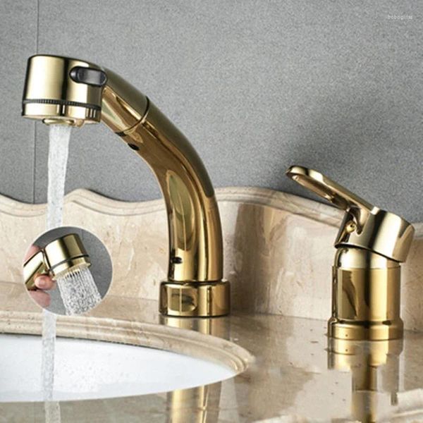 Waschbecken Wasserhähne Vollkupfer geteiltes Anheben und Ziehen von Wasserhahn rotatable Doppelloch drei Becken Wassermischventil