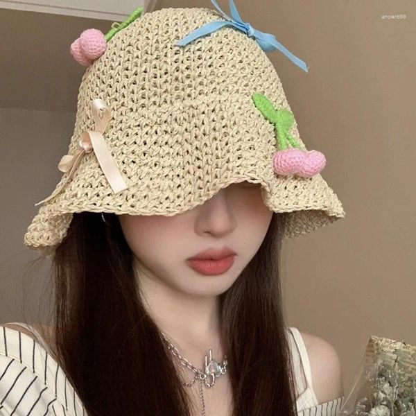 Cappelli larghi versione coreana Versione coreana Cute Little Cherry Girl Hat Summer Seaside Beach Vacate Sun Shade Women's Folled Sun