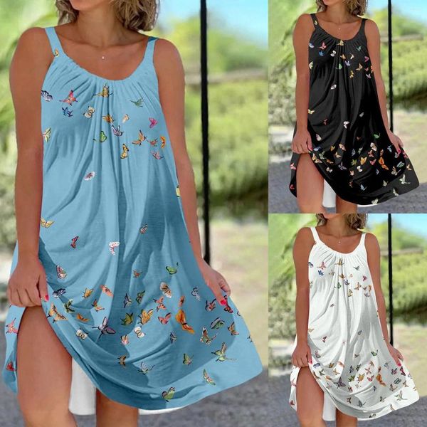 Lässige Kleider sexy Sommer Retro Schmetterling Druckkleid lose dünne Träger für Frauen 2024 Trendy großer Schwung Sund.