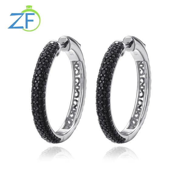 Ringe GZ Zongfa Authentische 925 Sterling Silber -Hoop -Ohrringe für Frauen natürlicher schwarzer Spinel Rhodium plattiert schwarzer Ohrring Feiner Schmuck