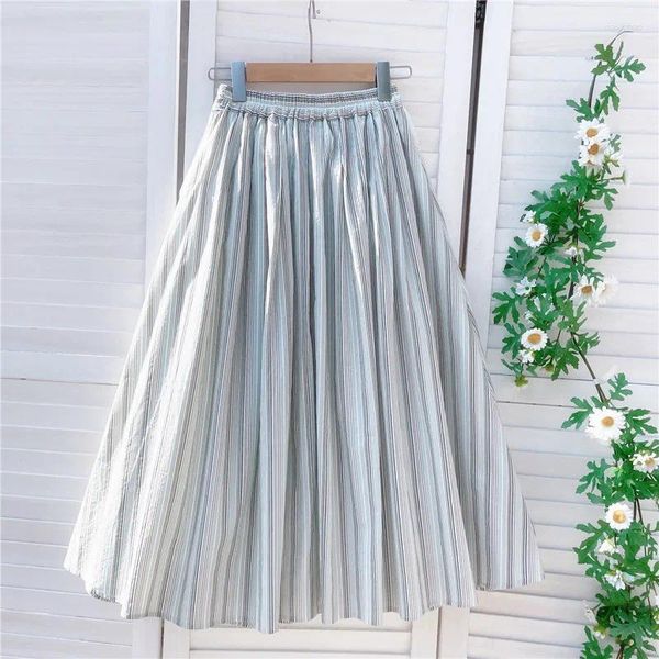 Signe 2024 Women Skirt Linen di cotone a strisce a strisce una linea Elastica in vita primavera estate lunghe mori moda femmina yoyikamomo