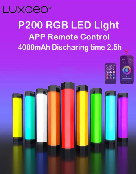 Taschen Luxceo P200 RGB LED -Fotografie Leicht wasserdichte Handheld -Röhrchen Video Soft Lighting App Fernbedienung Weihnachtsgeschenk