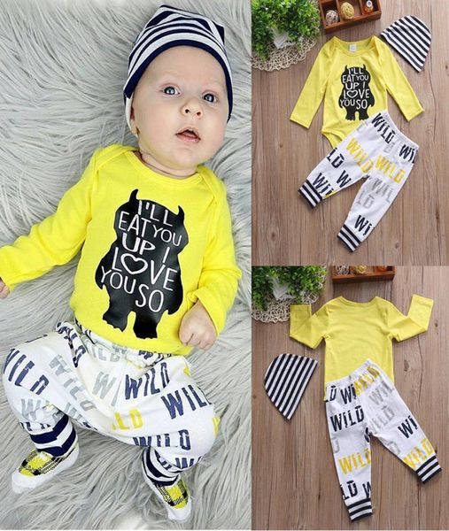 Baby Jungen Kleidung 2018 Ins Neugeborene Langarmbärbretter gedruckt gelb Strampantshat 3pcsset Kinder Kleidungsstücke C34949566729