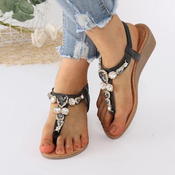Sandalet Kadınlar 2024 Yaz Konforlu Bohem tarzı Toe Halk Retro Elmas Kama Roman Ayakkabı Açık Kadın