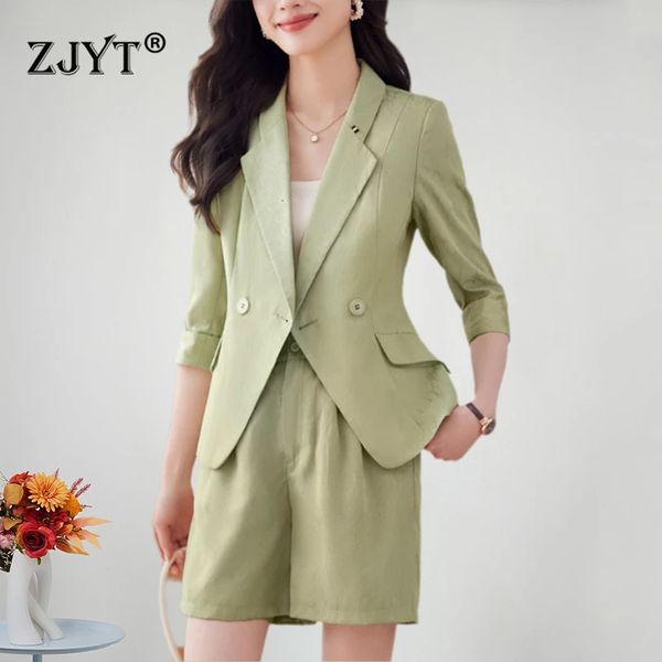 Zjyt eleganti pantaloncini blazer a due pezzi set per donne a tre quarti di giacca manica da ufficio abiti casual estate 240408