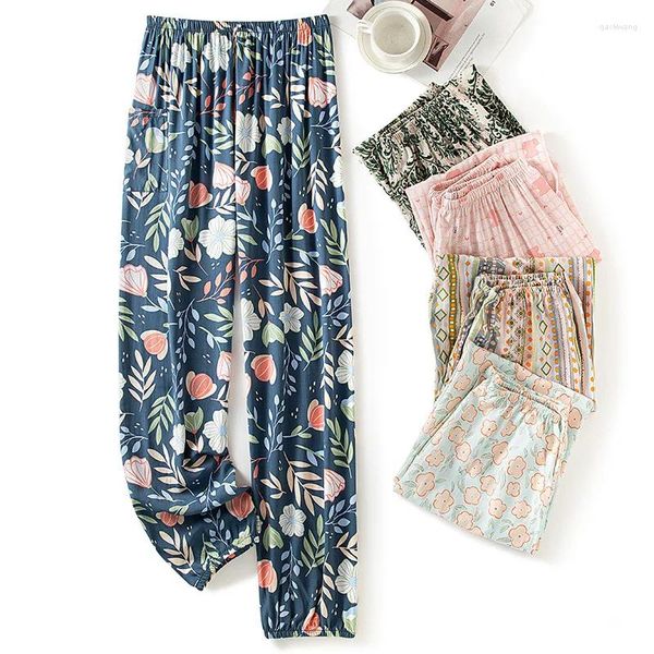 Calça de verão feminina 2024 Summer Home para pijamas estilo coreano Sweat Troushers Femme Plus Tamanho Roupas de praia Pijama Floral Bottoms Pijama