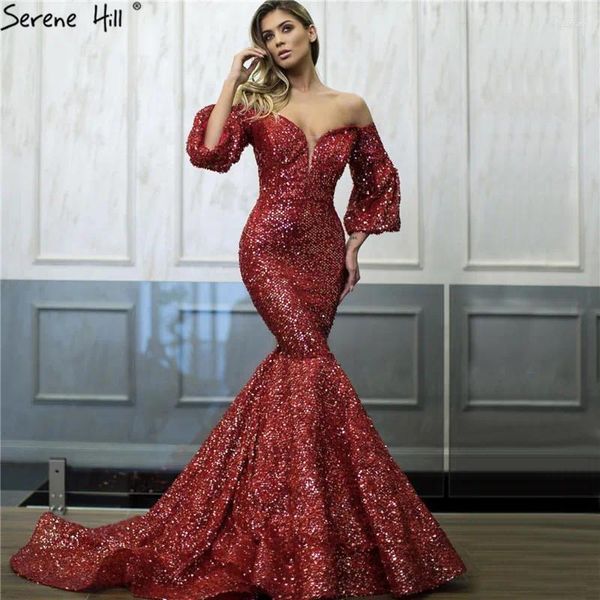 Partykleider Dubai Red Paillierte Schulter sexy Prom 2024 Neueste Design Mermaid Long Sleeves Luxuskleider BLA60993