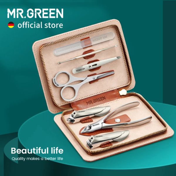 Rests Mr. Green Manicure Set com estojo de couro 7 em 1 kits de ferramentas de cuidados com o pé e face Kits de aço inoxidável Clipper Grip