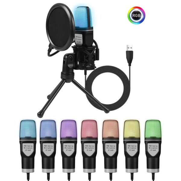 Microfones sensibilidade ao microfone USB Microfone de condensador com fio com clipe de suporte para PC RGB Light Condenser Mic ≤2.2kΩ impedância