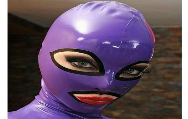 100 reine Latex Motorhaube offene Augen und Mund für wunderschönes Mädchen lila Gummi Fetisch Maske Cosplay Party tragen Kostume4148774