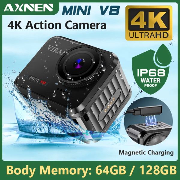 Câmera de ação de câmeras Axnen Mini V8 4K60FPS EIS Wi -Fi Underwater Câmeras à prova d'água 4K Cames esportivos para mergulho Capacete de motocicleta