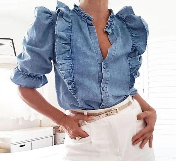 Mulher moda babados blusa de jeans de manga soprada 2021 Lady Retro Style Street High Street Elegante Slim Fit Jeans Casual Camisa Mulher9828610