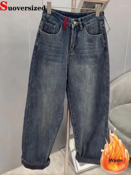 Jeans feminino Casual Velvet Harem calça de harém de inverno vintage de espessura mulheres vAqueros pantalones calças de jeans de pelúcia quente