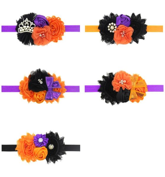 Baby Stirnbänder Halloween Bogen Blume Stirnband Boutique Mädchen Tiara Strass Satin Haarzubehör Kinder schäbige Chiffon Haarbänder 7285596