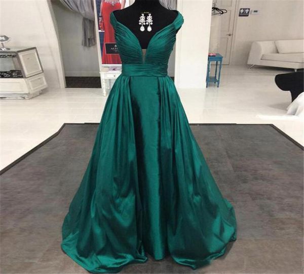 2019 Elegant Emerald Green Satin A Line Evening Kleider Vneck Ruched Long Formal Kleider Custom Robe de Soiree1573772