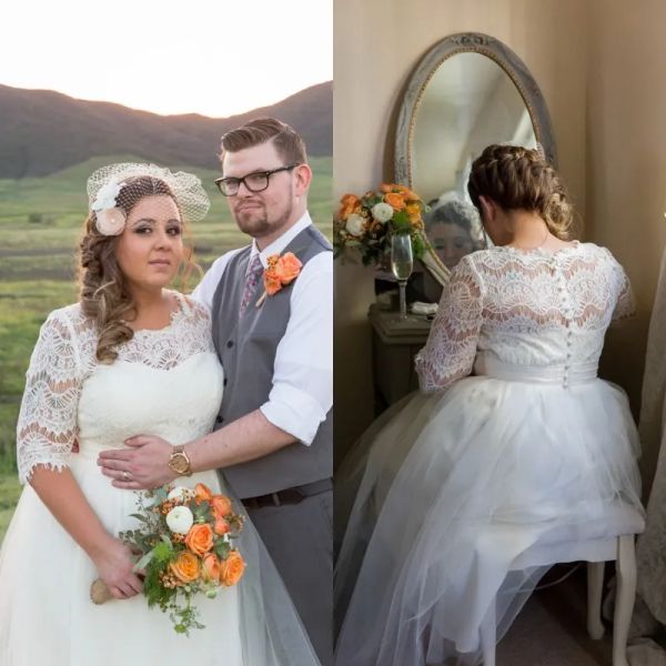 Vestidos primavera plus size vestidos de noiva uma linha comprimento de chá vestidos de noiva decote ilusão renda pura manga meia praia de casamento par