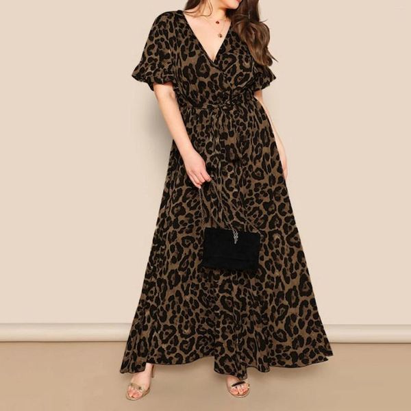 Vestidos casuais Sexy Deep V pescoço de leopardo maxi vestido maxi plus size size feminino cinto de cintura alta longa bainha bainha