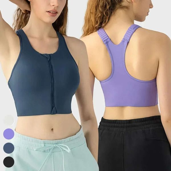 2024 BRA LU LU YOGA LU ALTO APOIO ALTULHO FRONTE-ZIP SPORT SPORT BRA ZIPPER ANTES AJUSTÁVEL CHUPAS FIXAS DANGEIRA DANGEIR