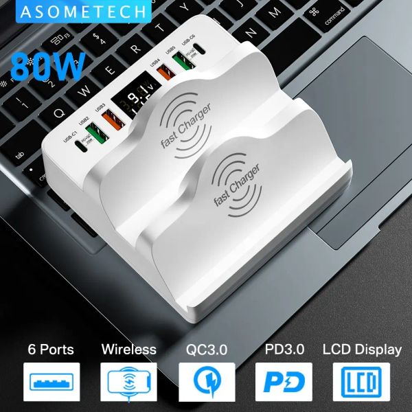 Ladegeräte Asometech 80W 6 Ports USB -Ladegerät mit zwei drahtlosen Ladegerät Ständer Schnellladung 3.0 PD Schnelles Ladegerät für Xiaomi iPhone