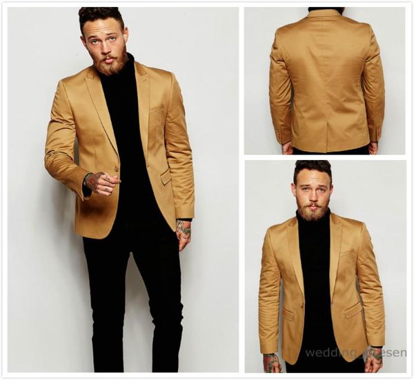 2016 Gold Blazer Slim Fit Tuxedo Suits para os noivos do noivo Pico de lapela de ternos de casamento personalizados feitos de baile com calças pretas1728950