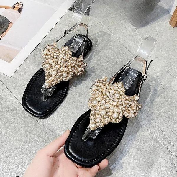 Sandálias 2024 Mulheres étnicas boêmia sapatos planos Woman Crystal Flip Flip Flop Beach Casual Pearl Clip Feot Drag