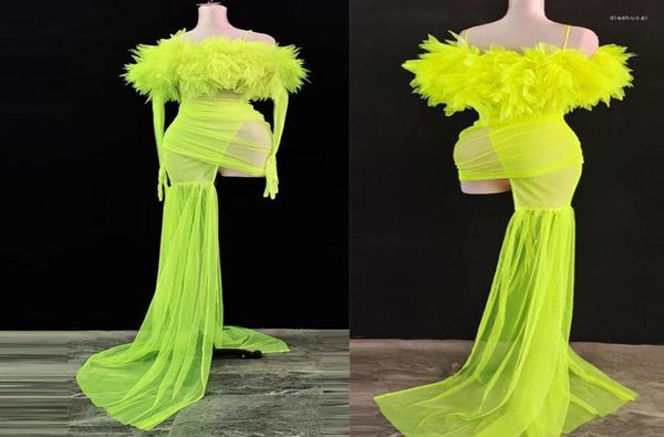 Vestido de flor de malha verde de malha verde sexy transparente longa traje de aniversário baile celebrar roupas noturno dj dança show clowe3635360