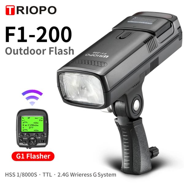 Mount Triopo F1200 Outdoor -Taschenblitzlicht 2,4 g TTL HSS 1/8000S Doppelkopf 200 Ws mit Lithium -Batterie -Taschenlampe Blitz