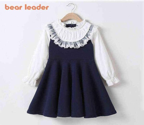 Bear Leader School New Girls Flouing платье детское платье детское детское лоскут осенняя одежда Детская платье с длинным рукавом синее белое AA1140784