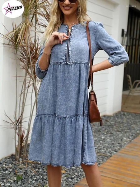Sıradan Elbiseler Pulabo Kadınlar İlkbahar Yaz Taklit Denim Vintage Elbise Katı Kadın Moda Mavi Diz Uzunlukta O yaka Giysiler