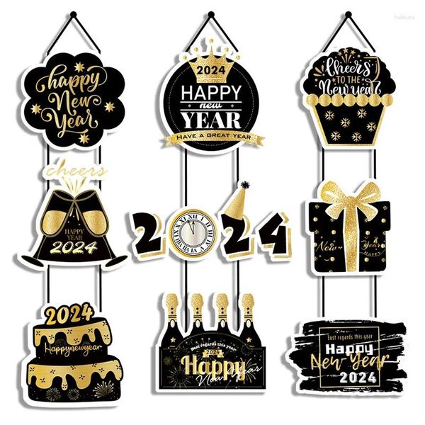Decoração de festa 2024 anos Black Gold Pingente Hanger tema Bolo Caixa de presente Coroa de champanhe Decorações felizes