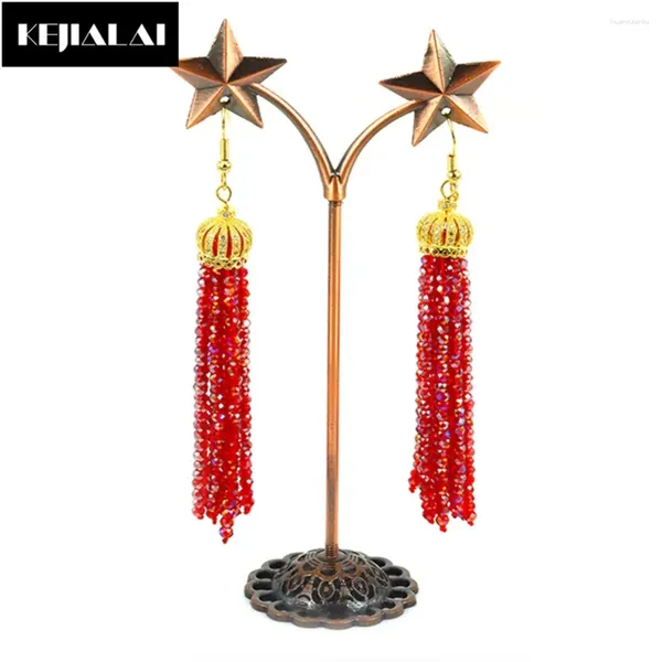 Brincos de Moda de Moda Original Jóias Handmadas Bohemian Tassel Glass Crystal Beads Long Gold Color Crown Cap