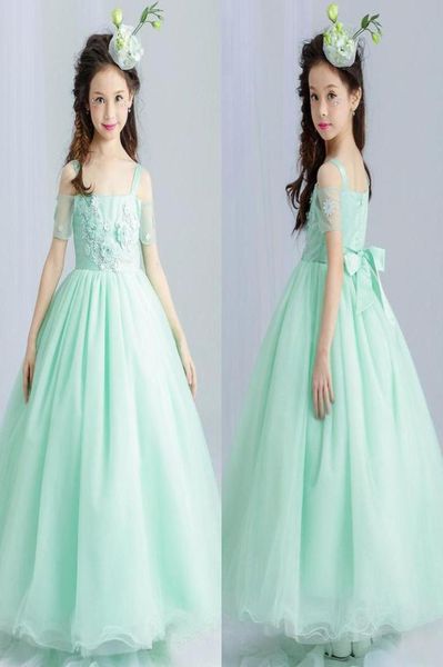 Adorável 2017 Mint Green Organza Princesa Flor Girls Vestres para casamentos espaguete de manga curta Distribuição do piso Girls GOWN E2350860