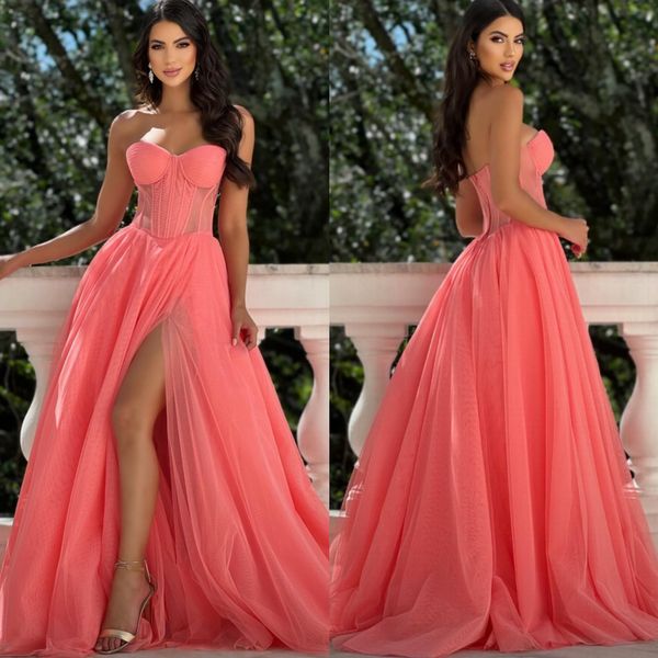 Vestido de baile de baile rosa coral Uma linha vestidos de noite de noite, vestidos de corpete de ilusão elegantes para ocasiões especiais vestidos formais sem costas para mulheres