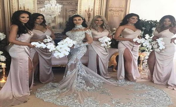 2021 Mermaid de pescoço alto vestidos de noiva prateados que vendem miçangas de bling de bling de moda tule tulle pura de manga longa vestidos de noiva 1313779