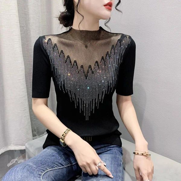 Женские футболки для футболки Summer Trik Women Tops Fashion Diamond с короткими рукава