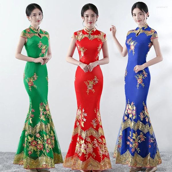 Parti elbiseleri büyük boyut 4xl vintage Çin resmi Cheongsam Uzun Ulusal Elbise Kadın Nakış Papalı Denizkızı Akşam Elbisesi Qipao Çiçek