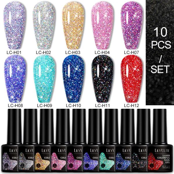 Kits lilycute 10pcs/conjunto prata roxa glitter gel de unha kit de mola de mola semi -permanente de necessidade base tampo superior enxuto