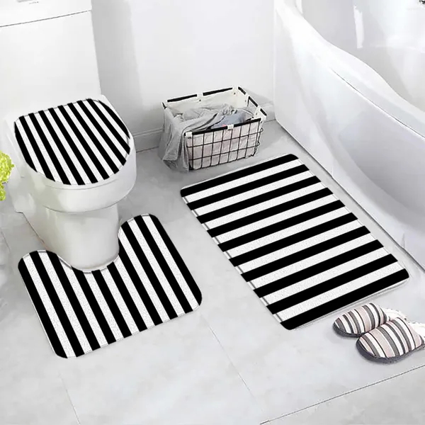 Badmatten Schwarz-Weiß gestreiftes Matten Set moderne minimalistische geometrische Teppich Flanell Badezimmer Dekor U-förmige Teppiche Toilettendeckel Abdeckung