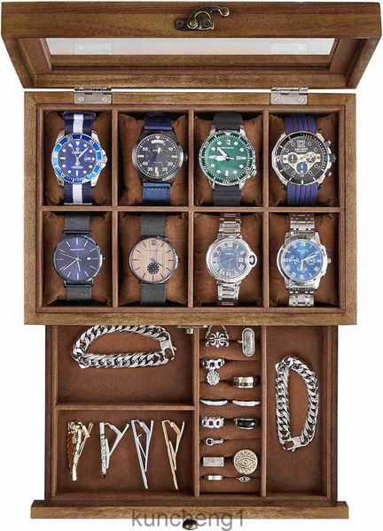 Songmics 8-Slot Watch Box 2-Tier-Uhr-Display-Hülle mit großer Glasdeckel Abnehmbares Uhren Kissen Velvet Futterhunger Juwelierbox Geschenkidee Rustikale Walnuss ujow008K01