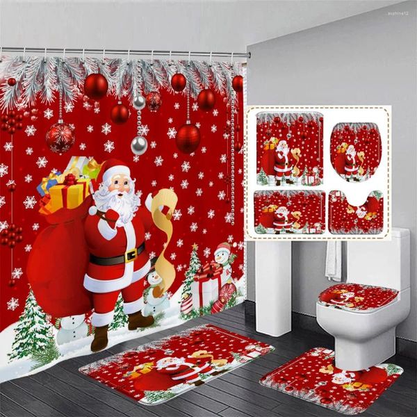 Cortinas de chuveiro engraçado Papai Noel Claus Conjunto de cortina de neve árvores de natal bolas de neve de neve decoração de natal decoração banheira de banheiro tampa da tampa da tampa