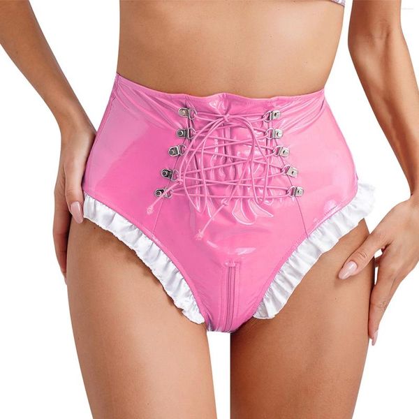 Calcinha feminina feminino feminino de couro brilhante co -play booty shorts de roupa íntima cross -cruz de cross -cross -ruffled lingerie lingerie exótica cintura alta