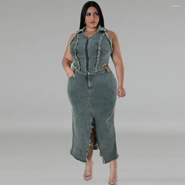 Abiti da lavoro Sesti da 2 pezzi Donne 2024 Primavera estate Plus size top senza maniche in denim e maxi gonne in tuta Mujer Matching Sets Outfit